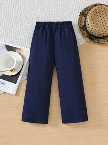 SHEIN Elladie kids Young Girl Solid Color Button Closure Straight Leg Pants - Royal Blue - View 2