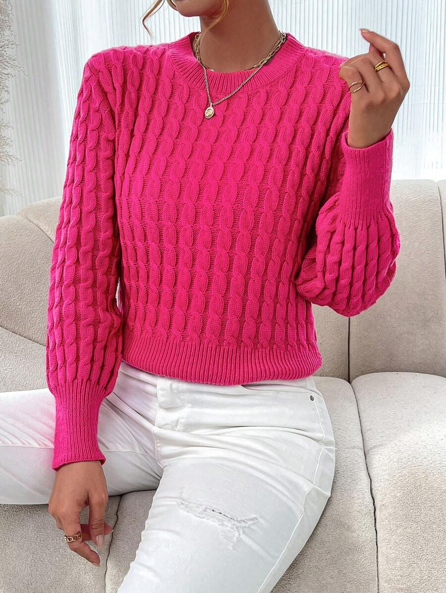 SHEIN Essnce 女式麻花針織圓領毛衣 - 玫紅色 - 查看 1