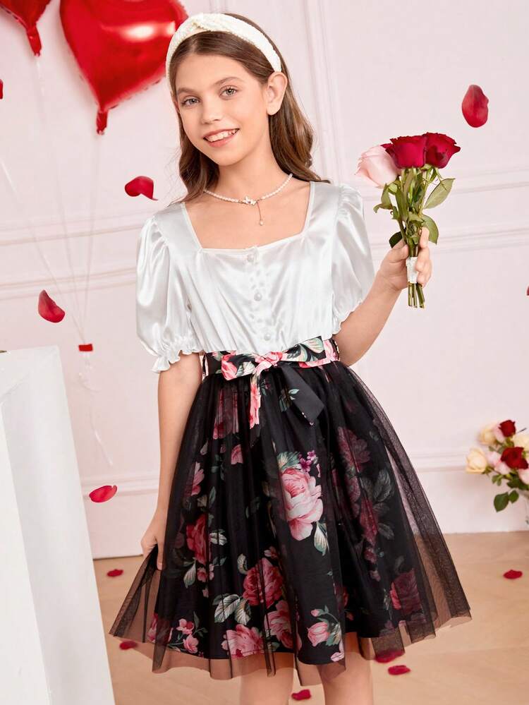 Girls' Square Neck Puff Sleeve Woven & Mesh Layered Flower Pattern Printed Dress With Patchwork