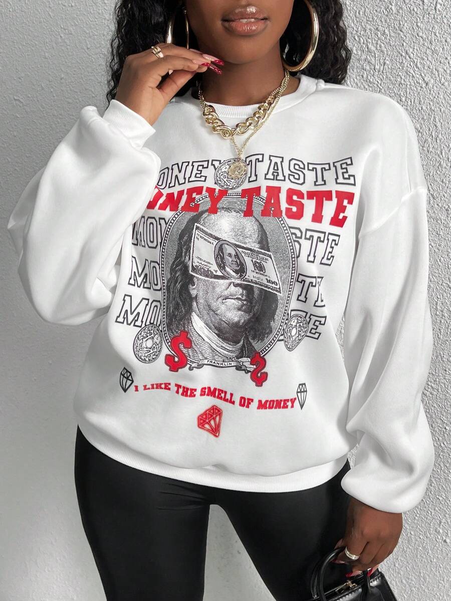 Slaydiva Của phụ nữ Tiền In Vòng cổ Áo nỉ - trắng - Xem 1