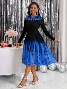 SHEIN Lady 女士漸變幾何印花圓領連衣裙 - 寶藍色 - 查看 3