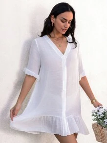SHEIN Swim 1件v領擺蕾絲kimono裙 - 白色 - 查看 6