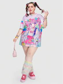 ROMWE Anime Plus Size Colorful & Cute Cartoon Character Printed Women's T-Shirt, School, For Summer - Multicolor - View 4