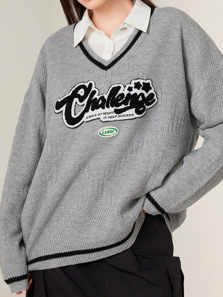 Women's Letter Patch V-neck Sweater
