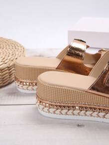 楔形童話涼鞋,金色春夏通勤的楔形高跟鞋,時尚的方形鞋扣,增高瘦身的平底羅馬鞋 - 金色 - 查看 3