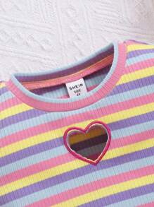 SHEIN Young Girl Daily Sweet And Cool Striped Round Neck Short-Sleeved Top And Skirt