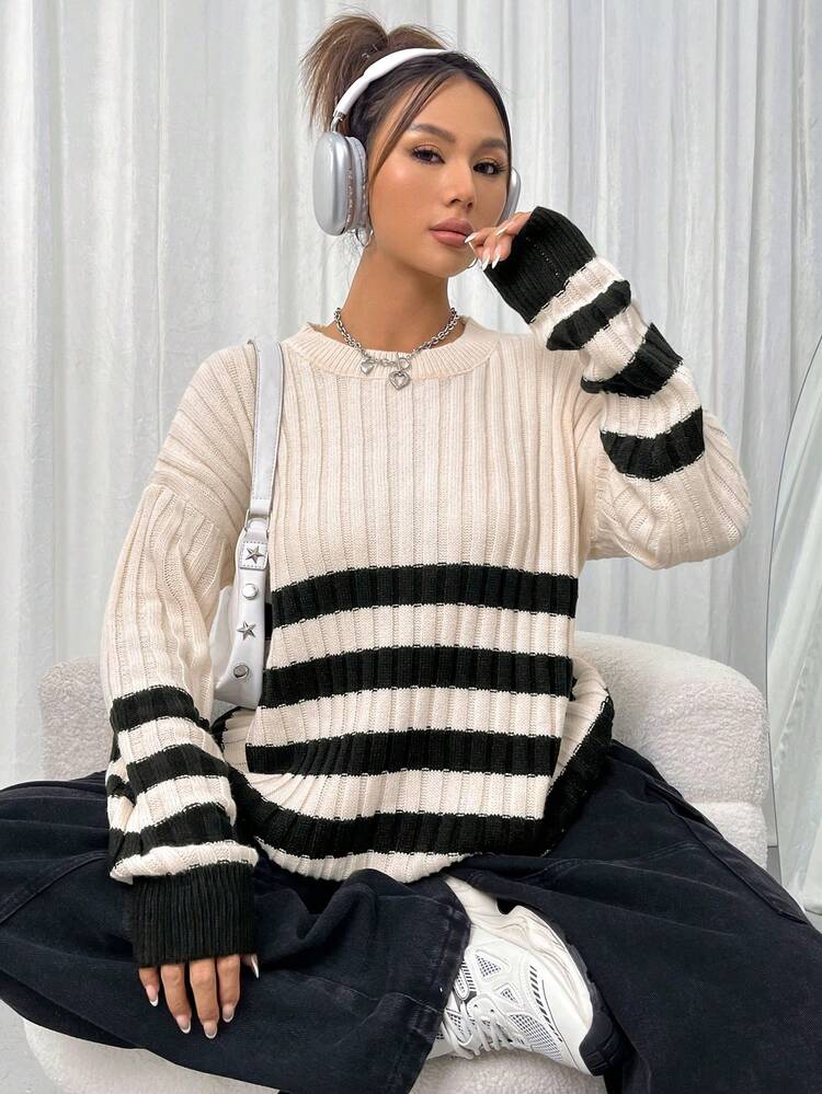 Round Neck Striped Knit Pullover Fall Winter Sweater