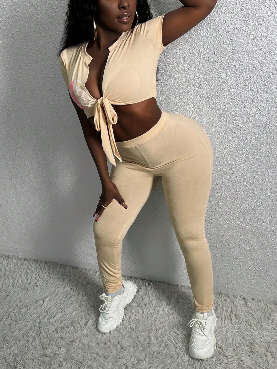 Slaydiva Knot Front Cropped Top And Leggings Two Piece Set - Apricot - View 1