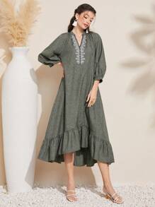 Al Najma Women'S Embroidered Placket Ruffle Hem Lantern Sleeve Dress