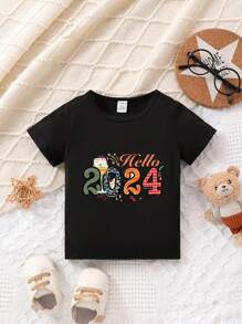 SHEIN Baby Boys' Casual New Year Slogan Printed Top - Black - View 1