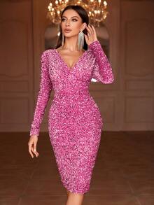 Faeriesty Deep V-Neck Backless Sequin Party Dress - Pink - View 6