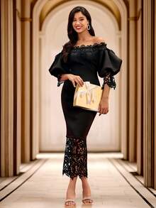 Black Off Shoulder Lantern Sleeve Lace Panel Dress Elegant Cocktail Semi Formal Prom Wedding Guest Dress, For Birthday, Graduation, Dinner, Homecoming - Black - View 4