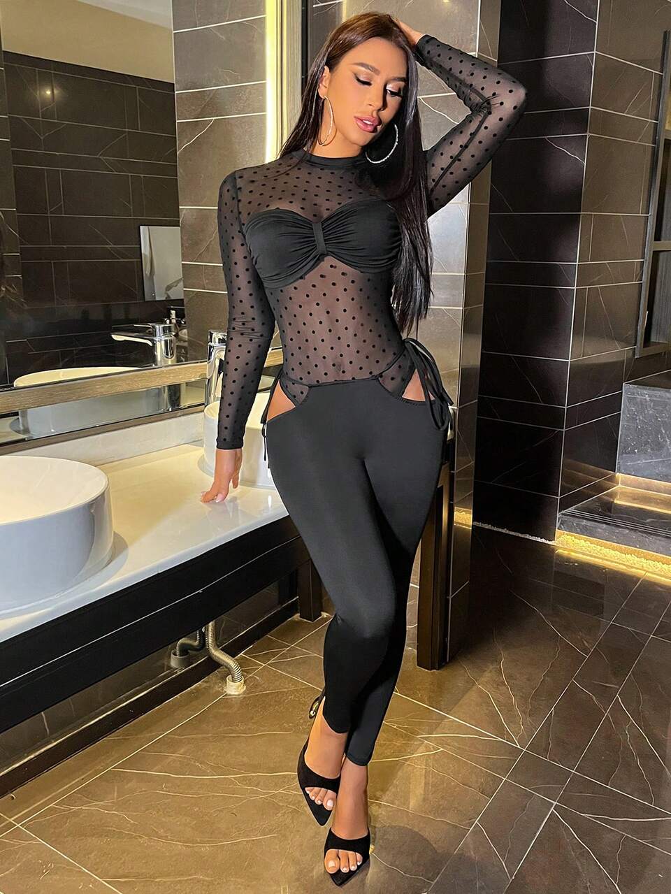 Ladies' Polka Dot Mesh Long Sleeve Jumpsuit And Leggings Set Fall Cloth For Women