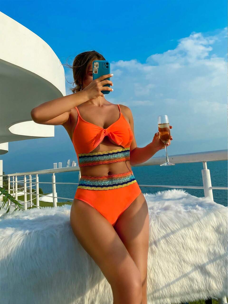 Summer Ladies' Geometric Pattern Weaving Insert Front Tie Bikini Set Carnival