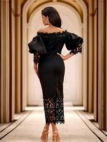 Black Off Shoulder Lantern Sleeve Lace Panel Dress Elegant Cocktail Semi Formal Prom Wedding Guest Dress, For Birthday, Graduation, Dinner, Homecoming - Black - View 2