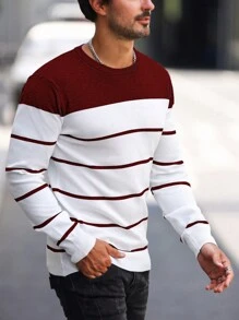 Manfinity Mode Men's Striped Long Sleeve Sweater, For Fall Winter - Burgundy - View 4