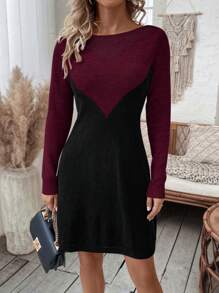 SHEIN Essnce Của phụ nữ Khối màu Vòng cổ Thon gọn Đầm Áo len - Màu Đỏ Sâu - Xem 5