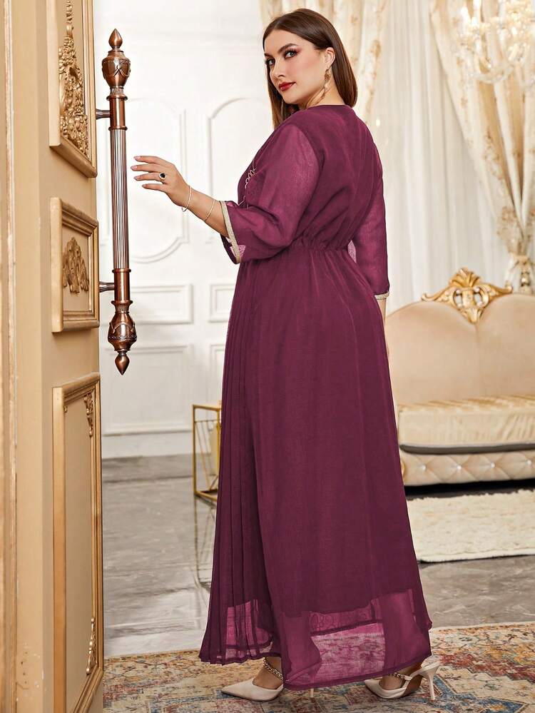 Plus Size Women's Embroidery & Pleated Patchwork Arabic Style Dress Kaftan Jalabiya Dress