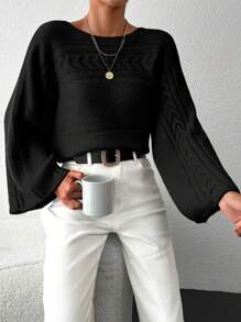 EURMUSE Women's Solid Color Batwing Sleeve Sweater - Black - View 3