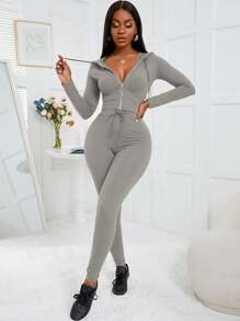 Zolique Rib-Knit O-Ring Zipper Drawstring Hoodie & Leggings Fall Cloth For Women - Grey - View 5