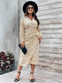 EMERY ROSE Plus Size Women'S Wrap Dress With Gold Foil Printed Floral Pattern - Apricot - View 5