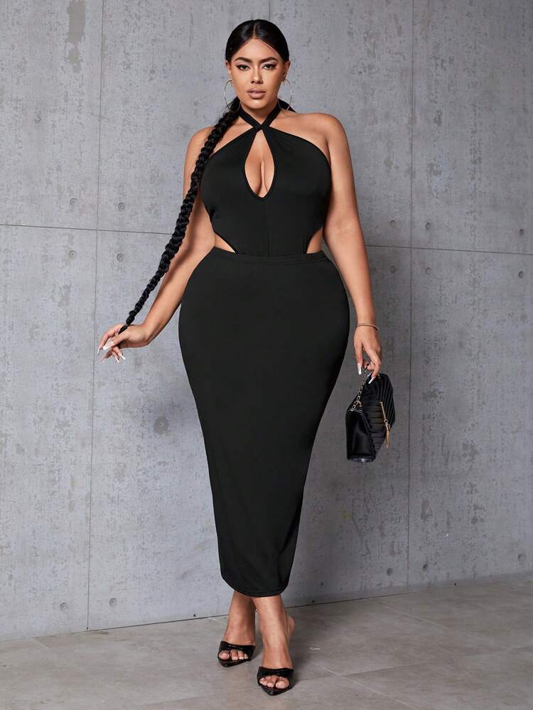 Women'S Plus Size Solid Color Hollow Out Halter Jumpsuit And Skirt Set