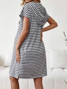 SHEIN Maternity Striped Drawstring Hooded Casual Dress - Multicolor - View 2
