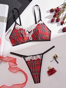 Ladies' Sexy Lace Spliced Grid Pattern Lingerie Set (Valentine'S Day Edition)