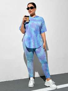 SHEIN Essnce 大码女装时尚休闲百搭春夏女装新款音乐节服装扎染彩色面料连帽 T 恤打底裤 2 件套 - 彩色 - 查看 3