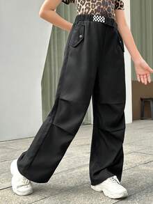 Tween Girls' Street Style Solid Color Wide Leg Pants With Slanted Pockets, Suitable For Daily Wear - Black - View 4