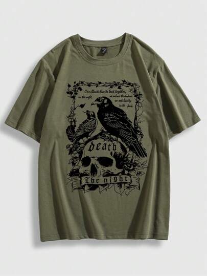 Goth Men's Raven Slogan Printed Round Neck Short Sleeve T-Shirt, Suitable For Daily Wear In Spring And Summer, School, 2000s Style