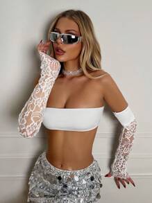 SHEIN ICON 女蕾絲拼接袖抹胸上衣 - 白色 - 查看 5