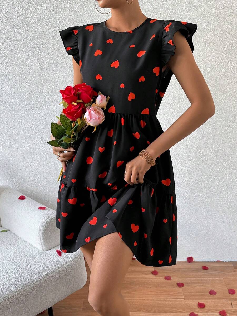 SHEIN Privé 女款 Love 印花荷葉邊下擺連身裙