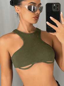 SHEIN ICON 女士純色超短袖無袖背心，適用於夏季 - 軍綠色 - 查看 4