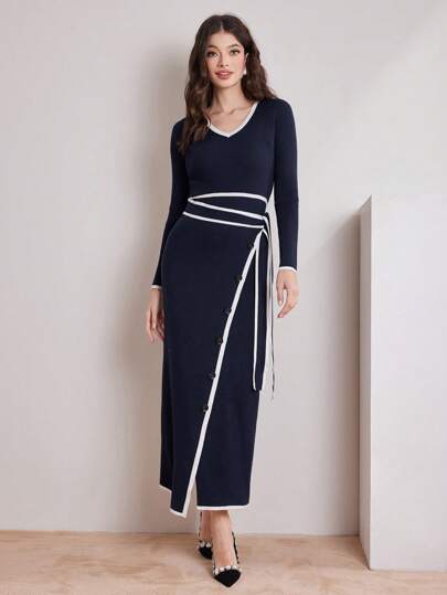 Modelyn 女士對比色修邊包覆式毛衣連衣裙