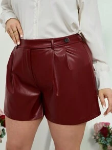 SHEIN Privé 大尺碼優雅 Pu 皮短褲 - 酒紅色 - 查看 5