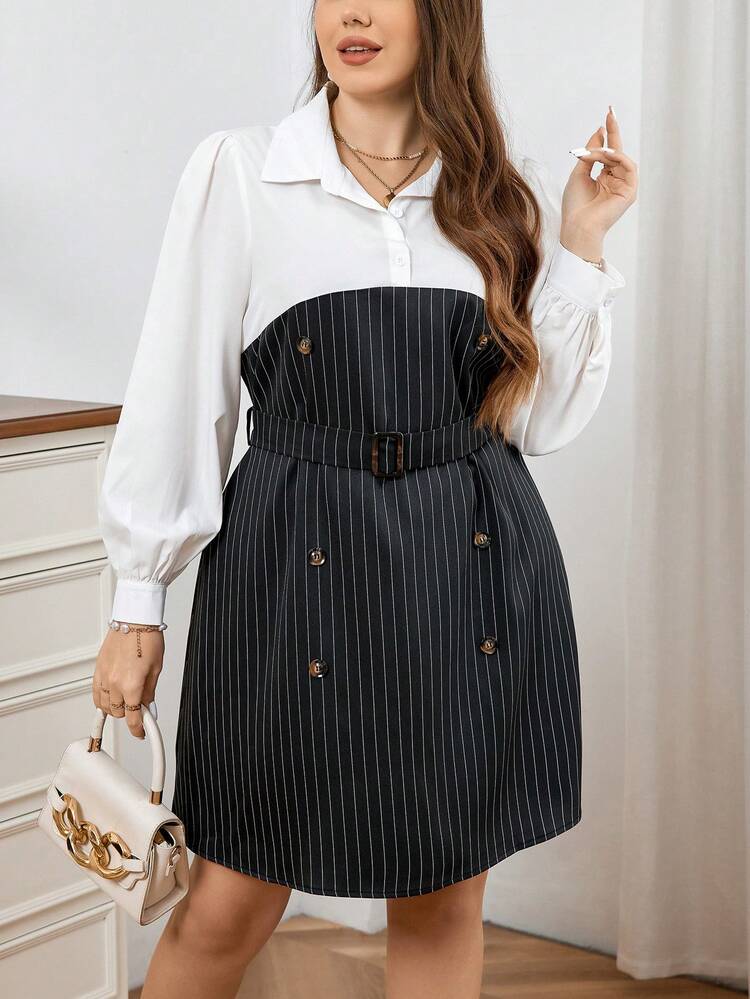 Plus Size Elegant Contrast Color Two-In-One Striped Shirt Dress