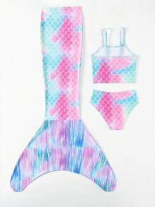 Young Girl Mermaid Three-Piece Swimwear Including Fishtail Dress-Up Cover Up - Blue - View 2