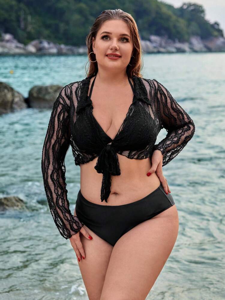 Women'S Plus Size Short Kimono Dress With Mesh And Knot Detail Summer