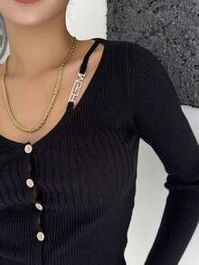 DAZY Women's Black Solid Color Hollow Slim Cardigan - Black - View 9