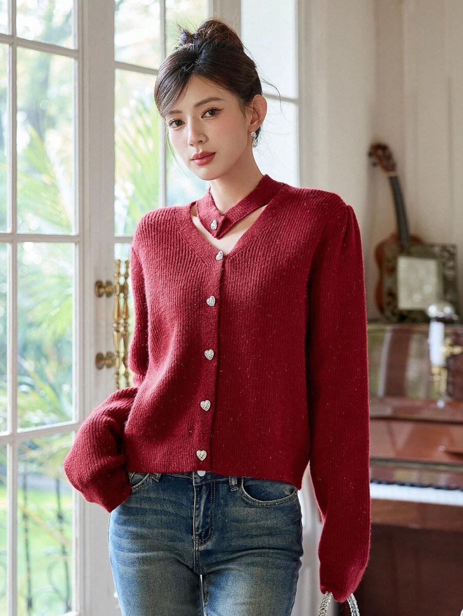 DAZY 女款純色鏤空翻領開襟襯衫 - 紅色 - 查看 1