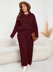 SHEIN LUNE Plus Size Women's Round Neck Drop Shoulder Sweater And Sweater Pants Set - Burgundy - View 5