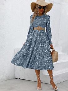 EMERY ROSE 碎花灯笼袖荷叶边下摆连衣裙（不带腰带）女式长款秋季连衣裙 - 藍色 - 查看 6