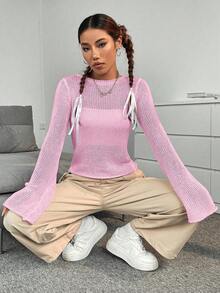 SHEIN Unity 性感喇叭袖毛衣,百搭風格 - 粉色 - 查看 3