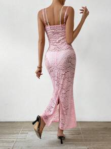Zolique Sleeveless Lace Strappy Cami Dress Maxi Women Outfit - Pink - View 2