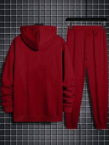 Manfinity Homme 男士愛心圖案連帽衛衣和長褲套裝,帶拉繩 - 紅色 - 查看 3