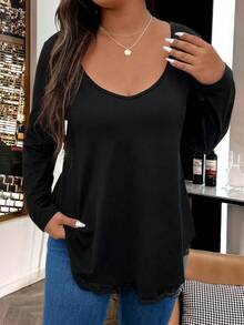 女士加大圓領蕾絲拼接t卹 - 黑色 - 查看 5