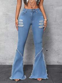 SHEIN SXY Women'S Frayed Hem Flare Leg Denim Jeans - Multicolor - View 2