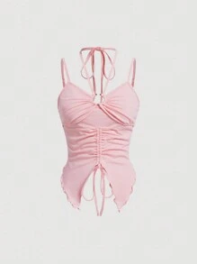 SHEIN MOD Của phụ nữ Không tay Viền không đối xứng Áo hai dây Với Xếp li Chi tiết - Hồng - Xem 1