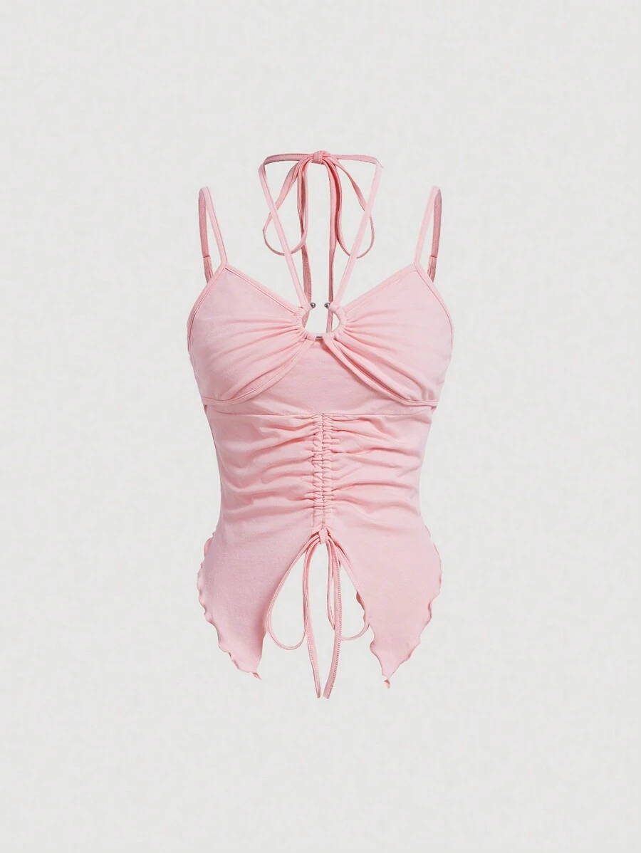 SHEIN MOD Của phụ nữ Không tay Viền không đối xứng Áo hai dây Với Xếp li Chi tiết - Hồng - Xem 1